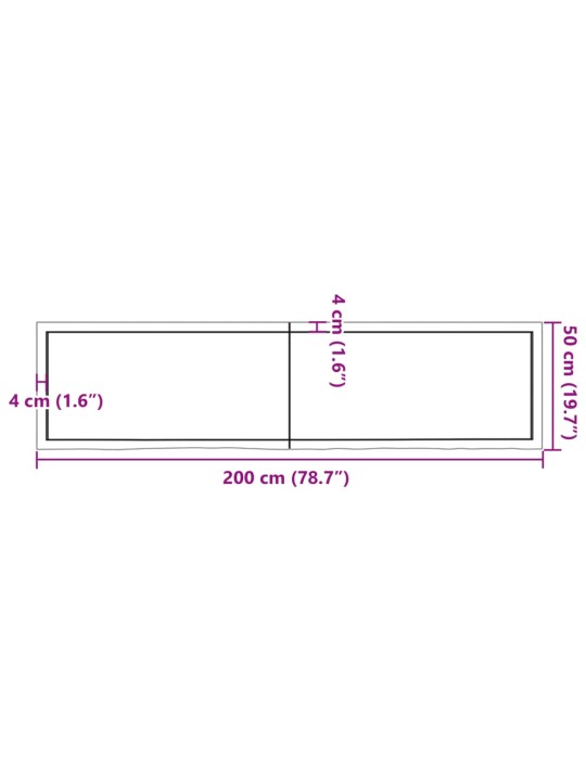 Vannitoa töötasapind, 200x50x(2-6) cm, töötlemata täispuit