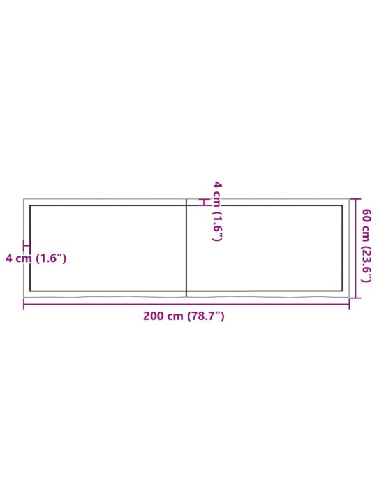 Vannitoa töötasapind, 200x60x(2-4) cm, töötlemata täispuit