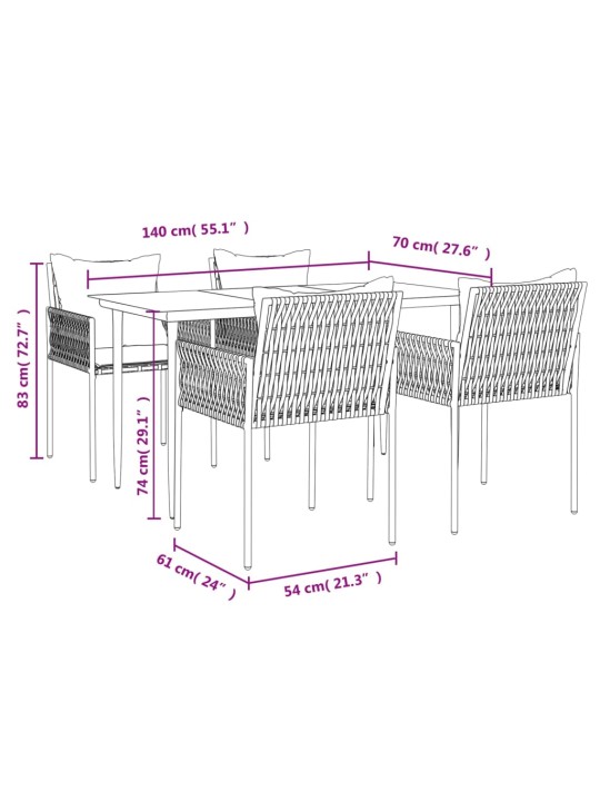 5-osaline aia söögimööbli komplekt istmepatjadega, rotang/teras