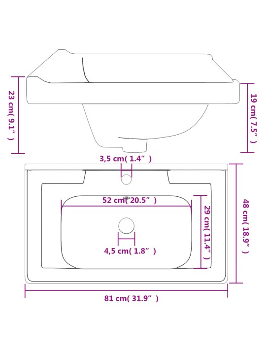 Vannitoa valamu, valge, 81x48x23 cm, kandiline, keraamiline