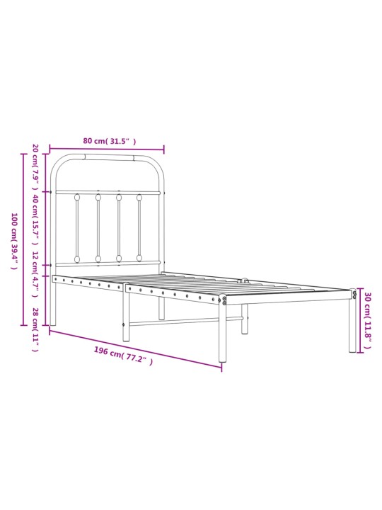 Metallist voodiraam peatsiga, must, 75x190 cm