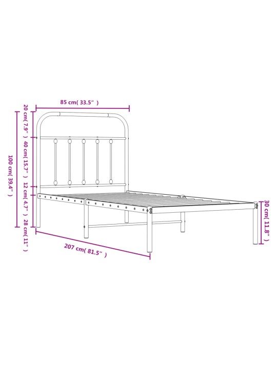 Metallist voodiraam peatsiga, must, 80x200 cm