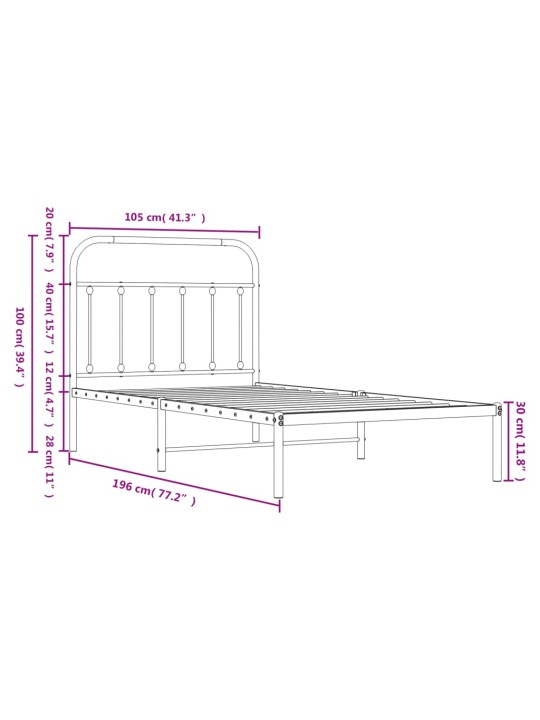 Metallist voodiraam peatsiga, must, 100x190 cm