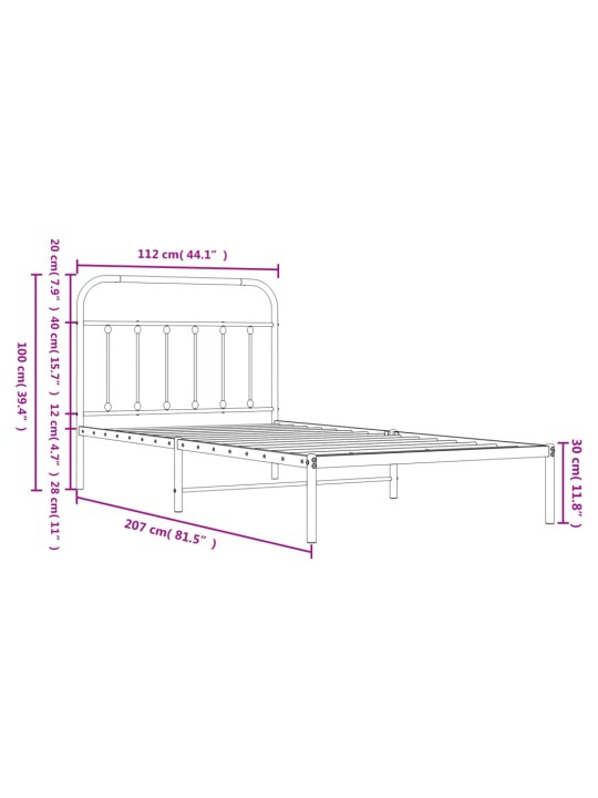 Metallist voodiraam peatsiga, must, 107 x 203 cm