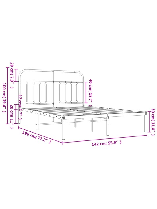 Metallist voodiraam peatsiga, must, 135x190 cm