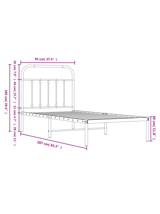 Metallist voodiraam peatsiga, valge, 90 x 200 cm