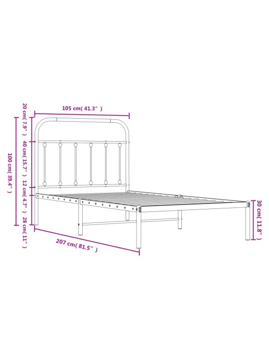 Metallist voodiraam peatsiga, valge, 100x200 cm