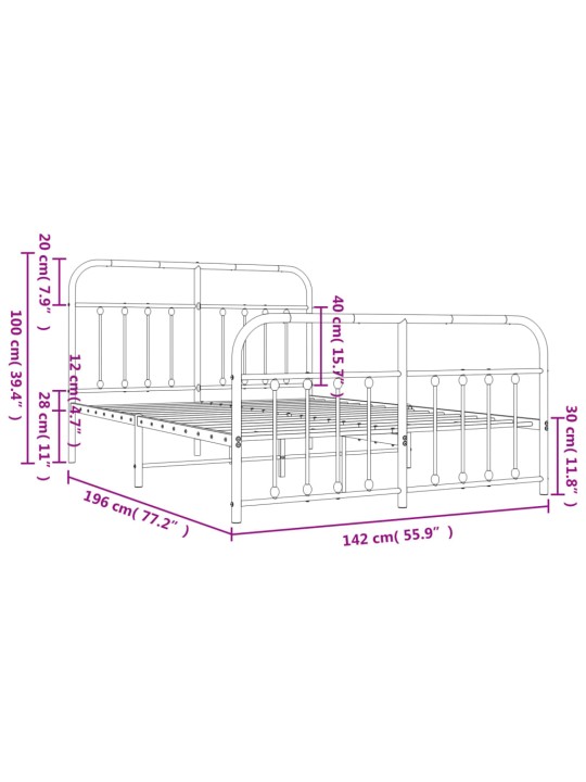 Metallist voodiraam peatsi ja jalutsiga, valge, 135 x 190 cm