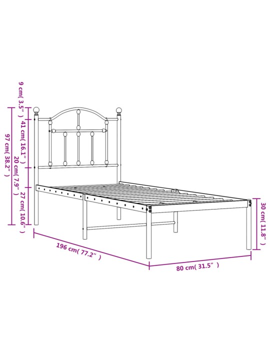 Metallist voodiraam peatsiga, must, 75x190 cm