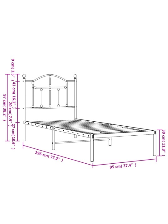 Metallist voodiraam peatsiga, valge, 90 x 190 cm