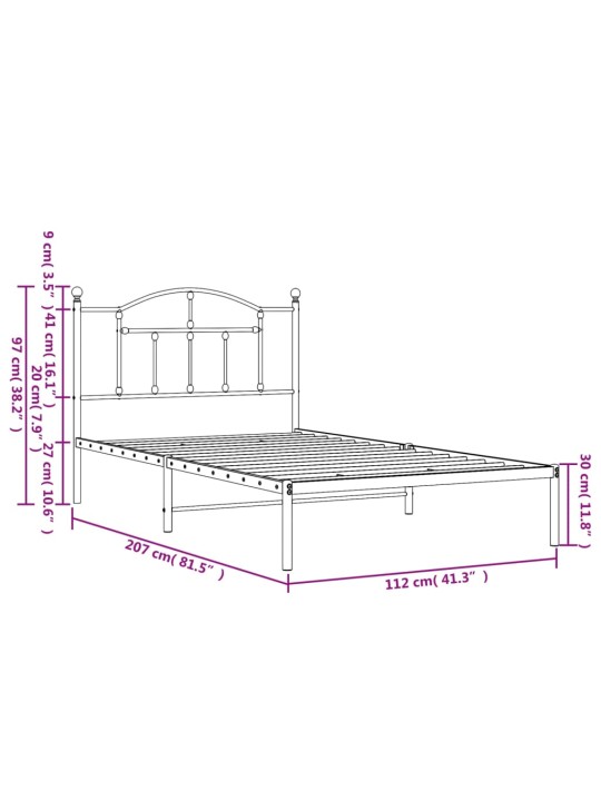 Metallist voodiraam peatsiga, valge, 107x203 cm