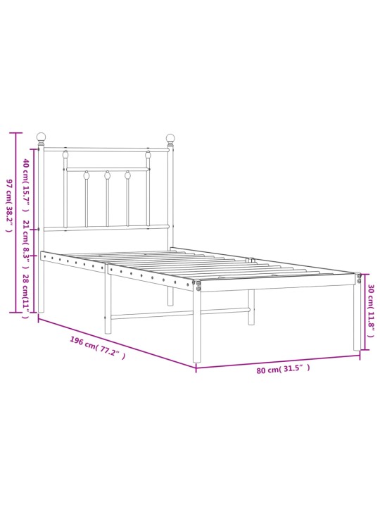 Metallist voodiraam peatsiga, must, 75x190 cm