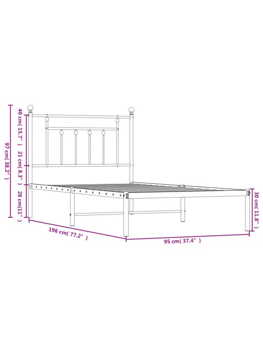 Metallist voodiraam peatsiga, valge, 90 x 190 cm