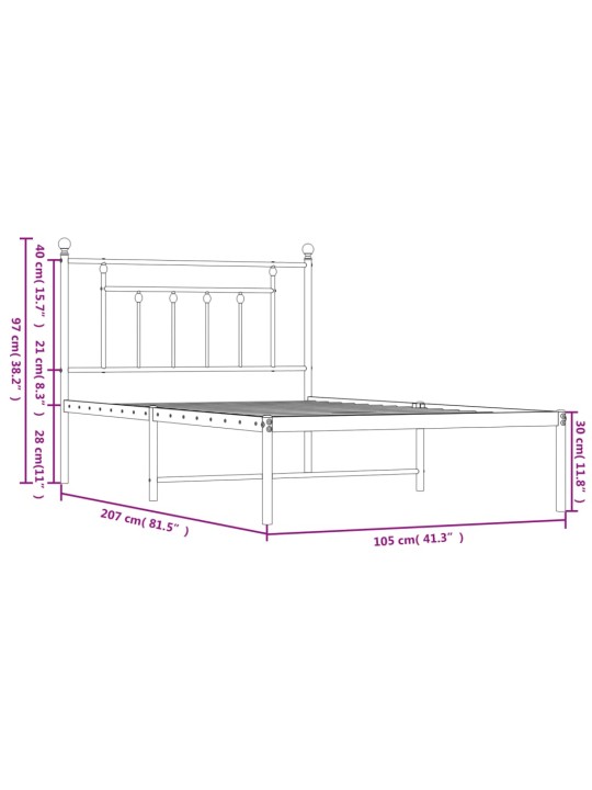 Metallist voodiraam peatsiga, valge, 100x200 cm