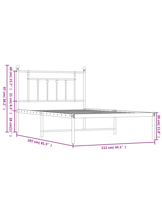 Metallist voodiraam peatsiga, valge, 107x203 cm