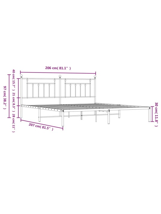 Metallist voodiraam peatsiga, valge, 200x200 cm