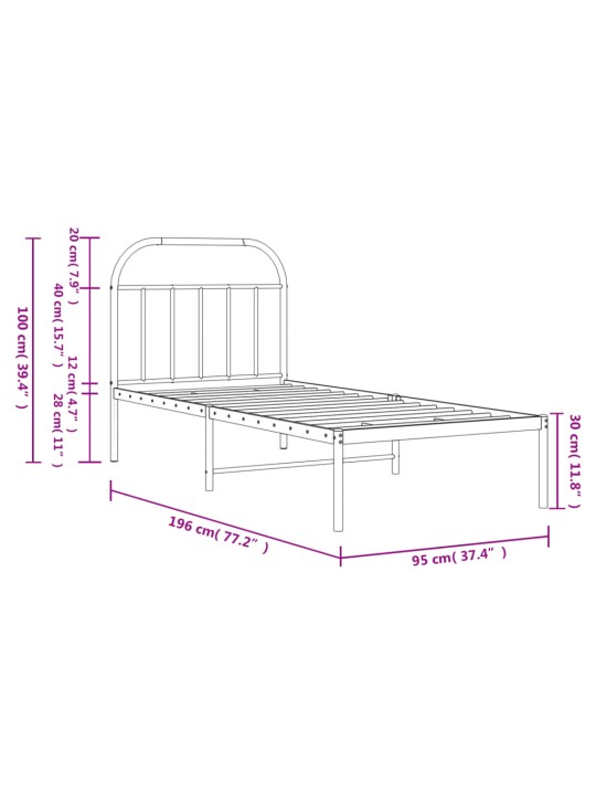 Metallist voodiraam peatsiga, must, 90 x 190 cm