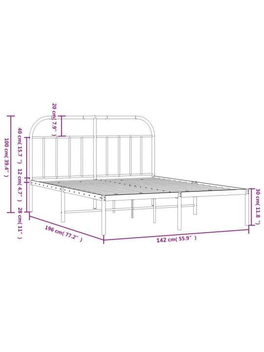 Metallist voodiraam peatsiga, valge, 135x190 cm