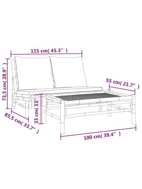 2-osaline aiamööbli komplekt kreemjasvalgete patjadega, bambus