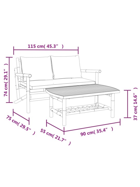 2-osaline aiamööbli komplekt kreemjasvalgete patjadega, bambus
