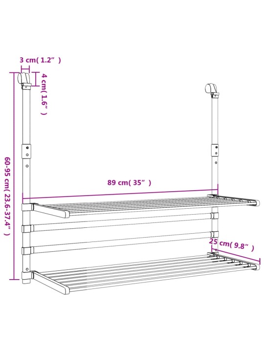 Pesukuivatusrest rõdule, 89x25x(60-95) cm, alumiinium