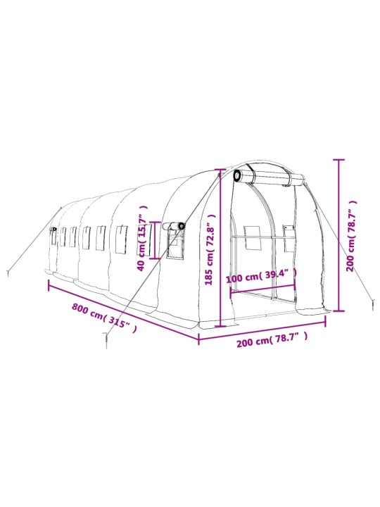 Kasvuhoone terasraamiga, valge, 16 m², 8x2x2 m