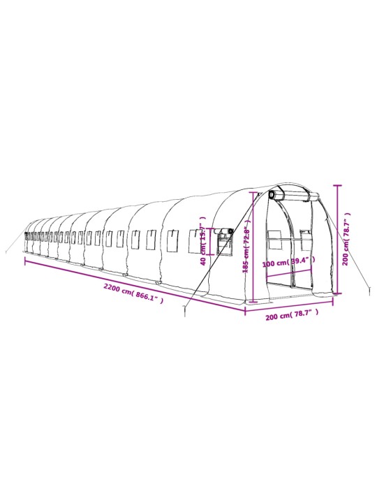 Kasvuhoone terasraamiga, valge, 44 m², 22x2x2 m