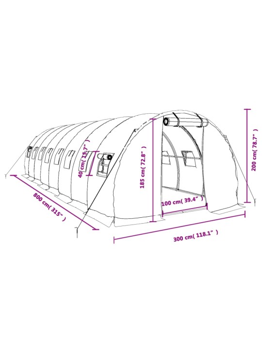 Kasvuhoone terasraamiga, roheline, 24 m², 8x3x2 m