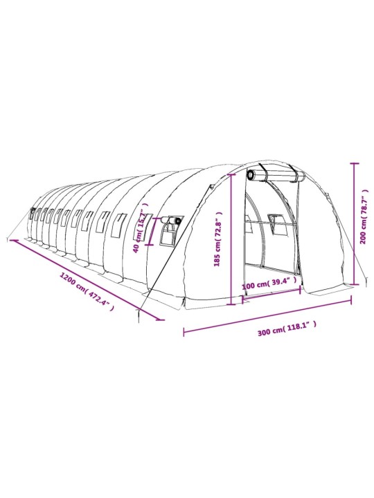 Kasvuhoone terasraamiga, roheline, 36 m², 12x3x2 m