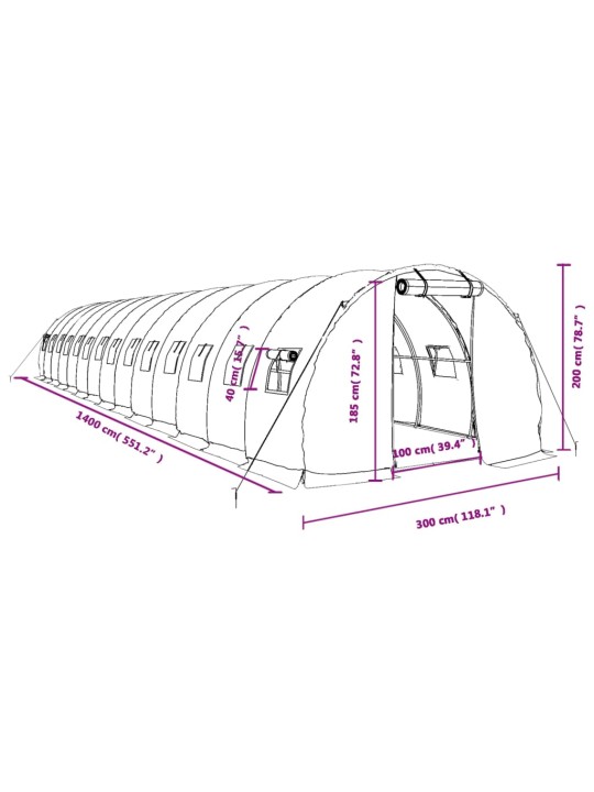 Kasvuhoone terasraamiga, roheline, 42 m², 14x3x2 m