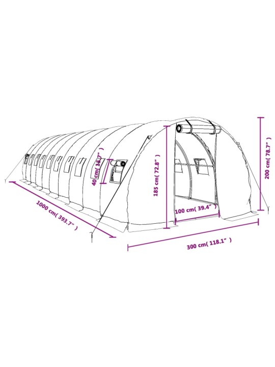 Kasvuhoone terasraamiga, valge, 30 m², 10x3x2 m