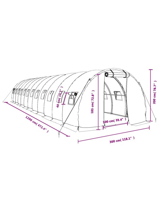 Kasvuhoone terasraamiga, valge, 36 m², 12x3x2 m