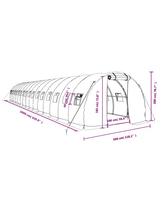 Kasvuhoone terasraamiga, valge, 48 m², 16x3x2 m