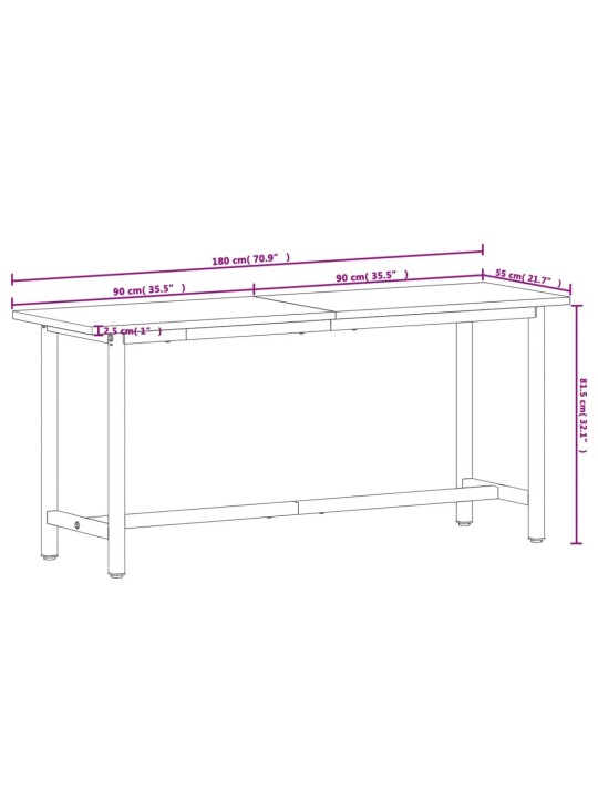 Töölaud, 180 x 55 x 81,5 cm, pöökpuu ja metall