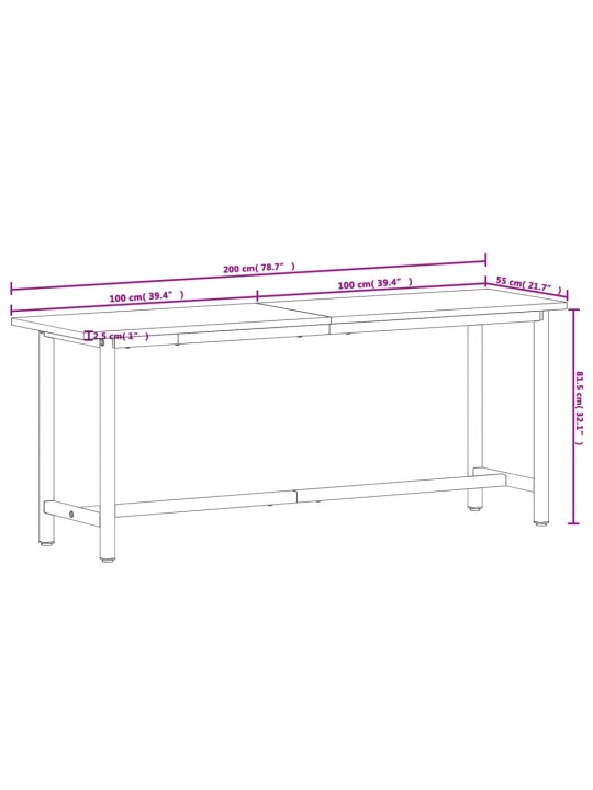Töölaud, 200 x 55 x 81,5 cm, pöökpuu ja metall