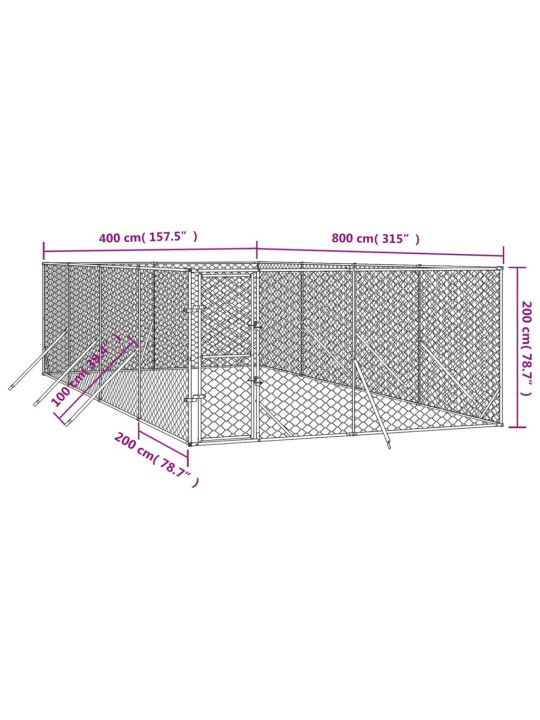 Õue koeraaedik, hõbedane, 4x8x2 m, tsingitud teras