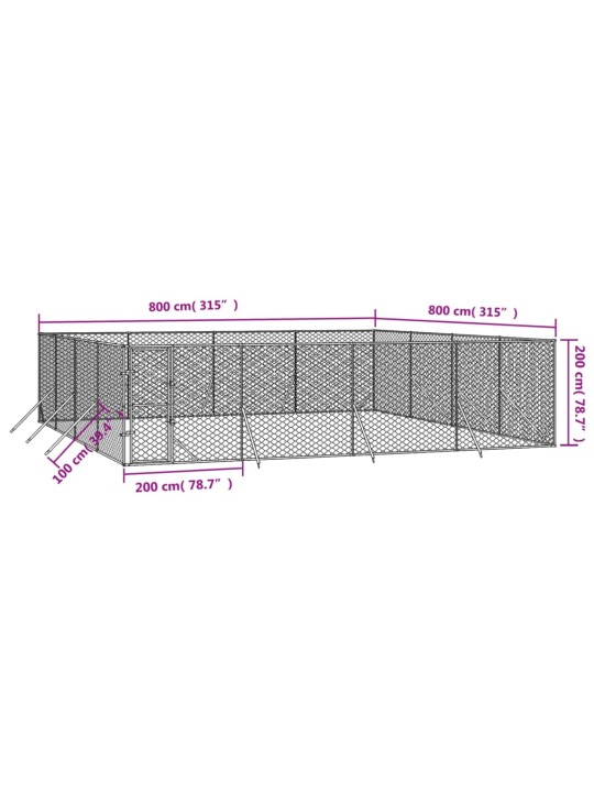 Õue koeraaedik, hõbedane, 8x8x2 m, tsingitud teras