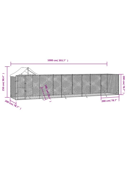 Katusega koeraaedik, hõbedane, 10x2x2,5 m, tsingitud teras