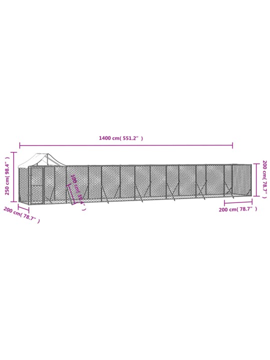 Katusega koeraaedik, hõbedane, 14x2x2,5 m, tsingitud teras