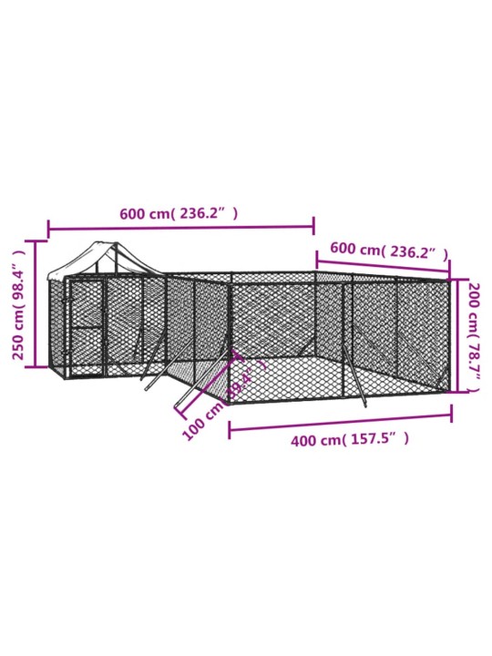 Katusega koeraaedik, hõbedane, 6x6x2,5 m, tsingitud teras