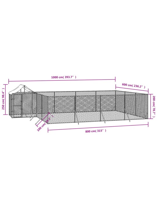 Katusega koeraaedik, hõbedane, 10x6x2,5 m, tsingitud teras