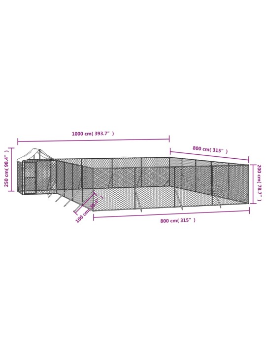 Katusega koeraaedik, hõbedane, 10x8x2,5 m, tsingitud teras