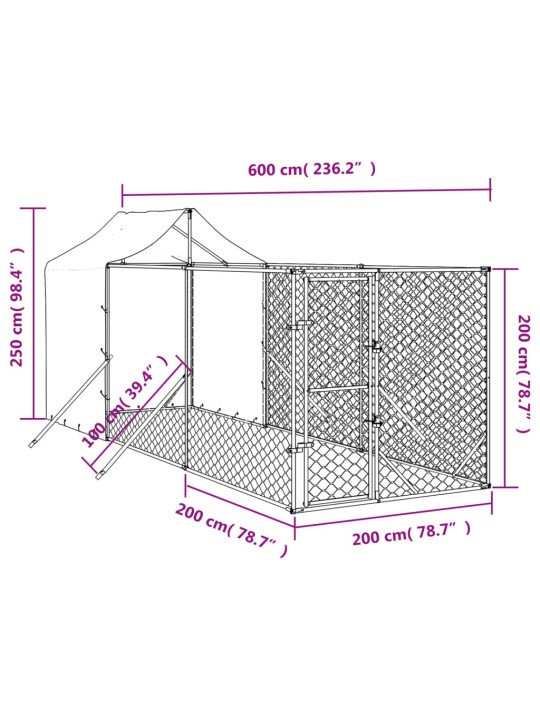 Katusega koeraaedik, hõbedane, 2x6x2,5 m, tsingitud teras