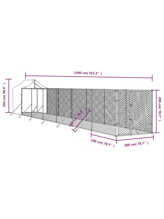 Katusega koeraaedik, hõbedane, 2x14x2,5 m, tsingitud teras