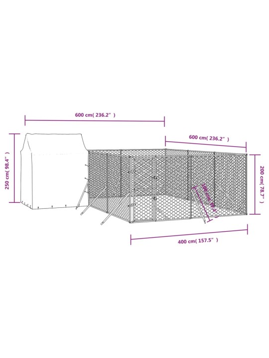 Katusega koeraaedik, hõbedane, 6x6x2,5 m, tsingitud teras