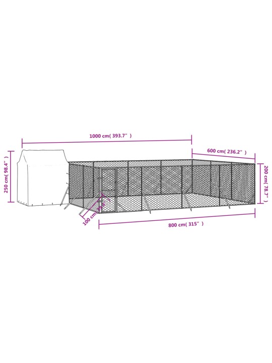 Katusega koeraaedik, hõbedane, 10x6x2,5 m, tsingitud teras