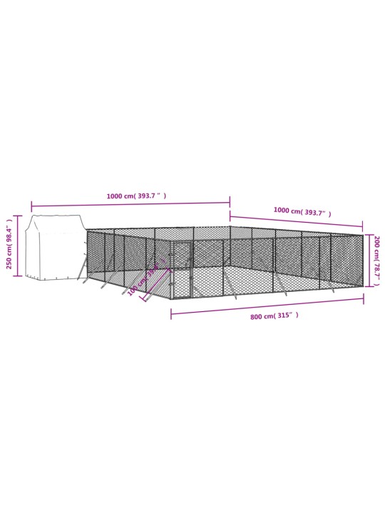 Katusega koeraaedik, hõbedane, 10x10x2,5 m, tsingitud teras