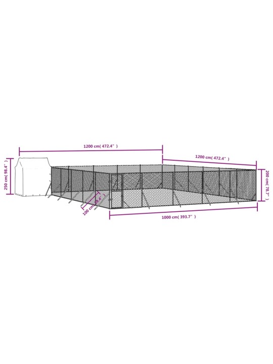 Katusega koeraaedik, hõbedane, 12x12x2,5 m, tsingitud teras