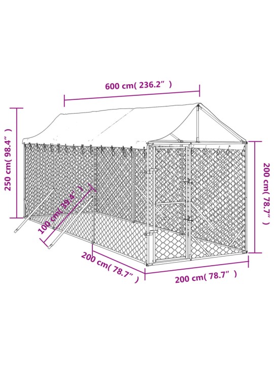 Katusega koeraaedik, hõbedane, 2x6x2,5 m, tsingitud teras