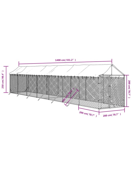 Katusega koeraaedik, hõbedane, 2x14x2,5 m, tsingitud teras